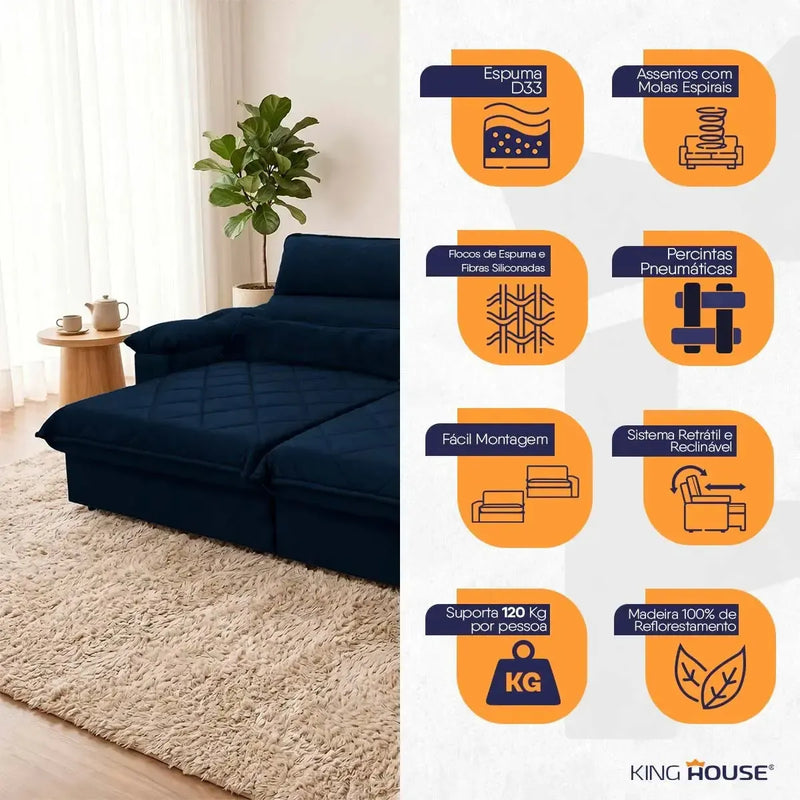 Sofá Retrátil Reclinável Grécia 2,10m Suede Velut Azul Marinho Molas no Assento