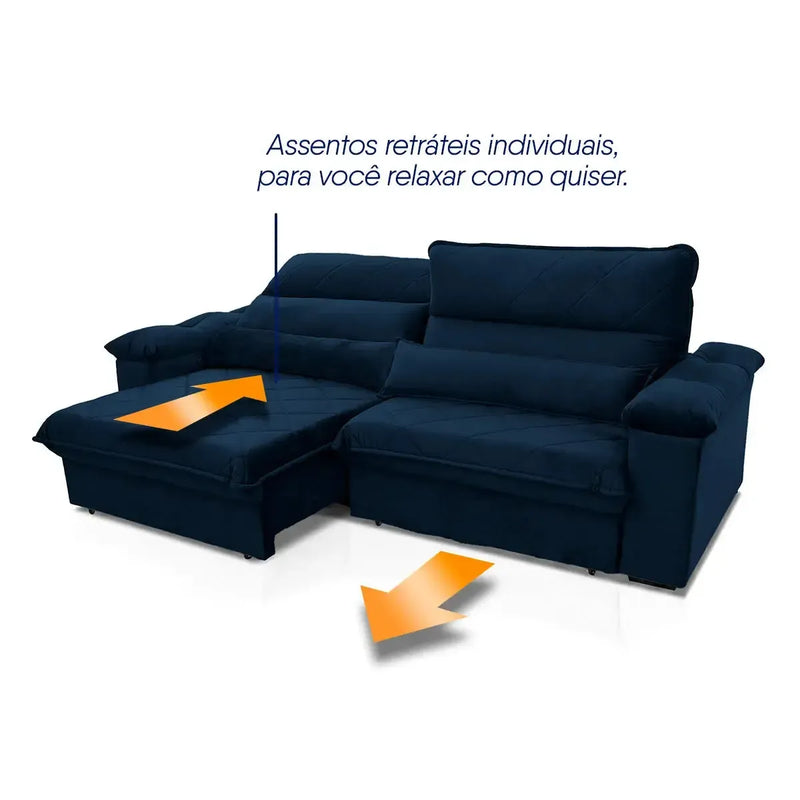 Sofá Retrátil Reclinável Grécia 2,10m Suede Velut Azul Marinho Molas no Assento