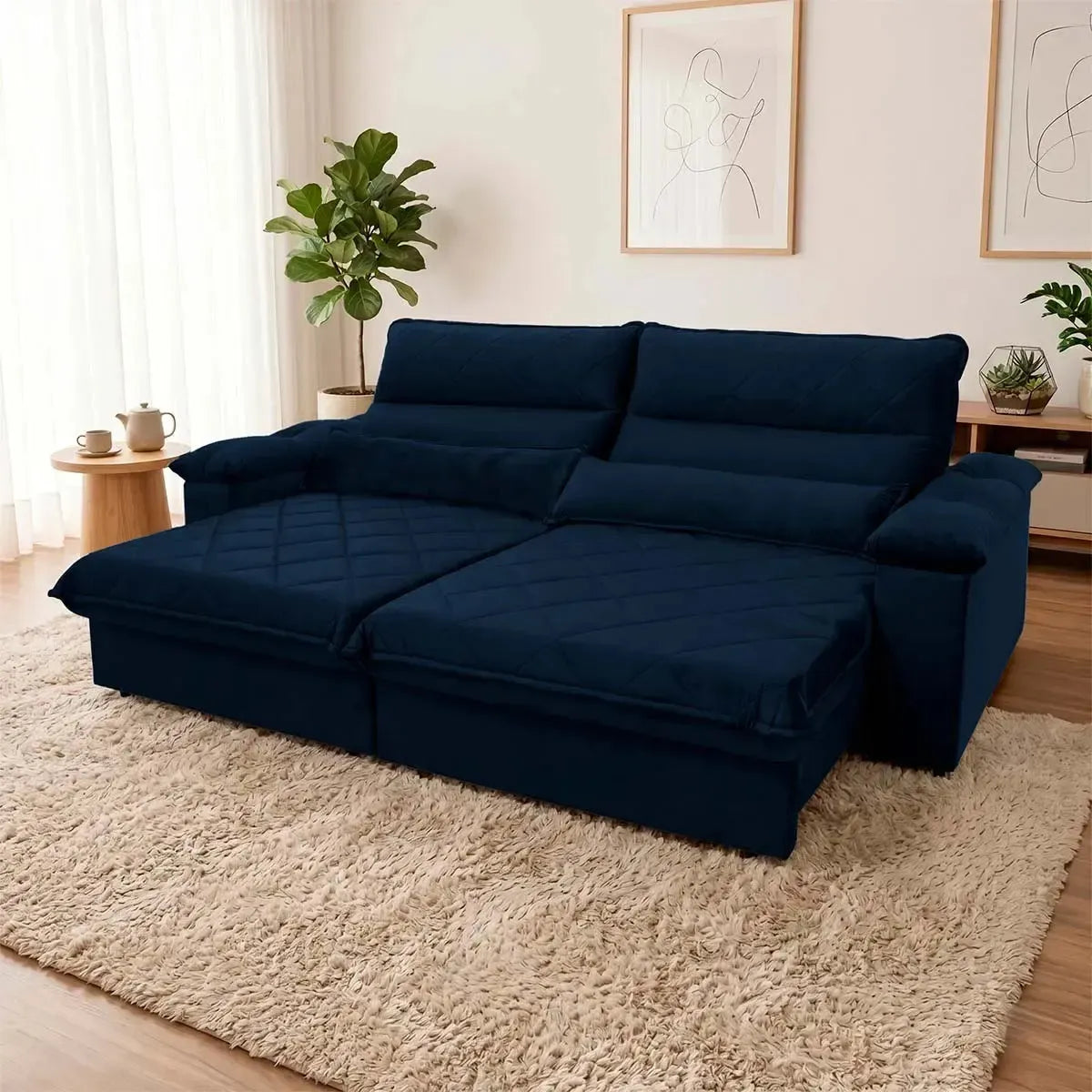 Sofá Retrátil Reclinável Grécia 2,10m Suede Velut Azul Marinho Molas no Assento
