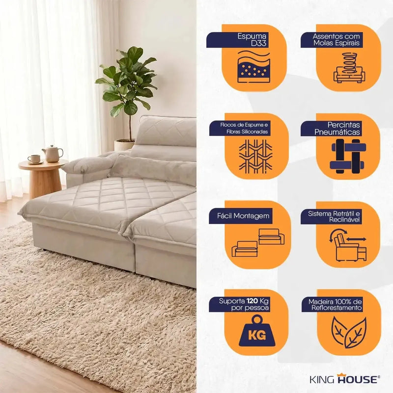 Sofá Retrátil Reclinável Grécia 2,10m Suede Velut Bege Molas no Assento
