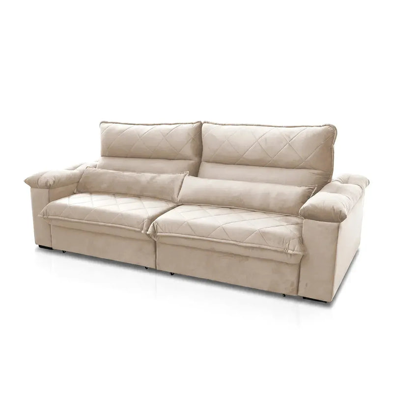 Sofá Retrátil Reclinável Grécia 2,10m Suede Velut Bege Molas no Assento