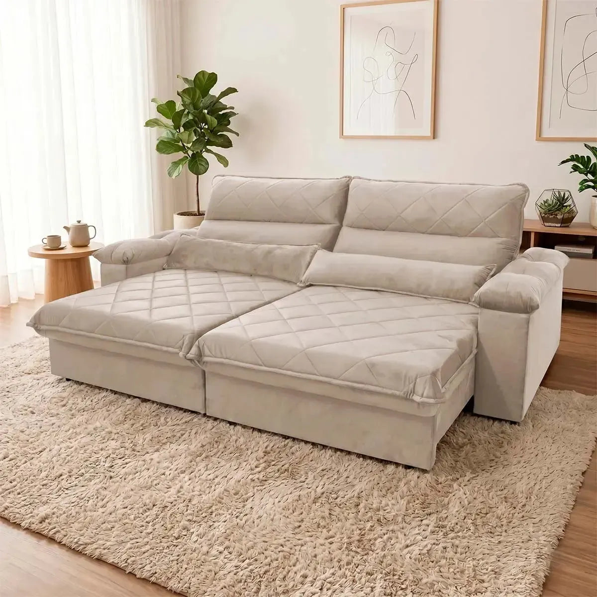 Sofá Retrátil Reclinável Grécia 2,10m Suede Velut Bege Molas no Assento