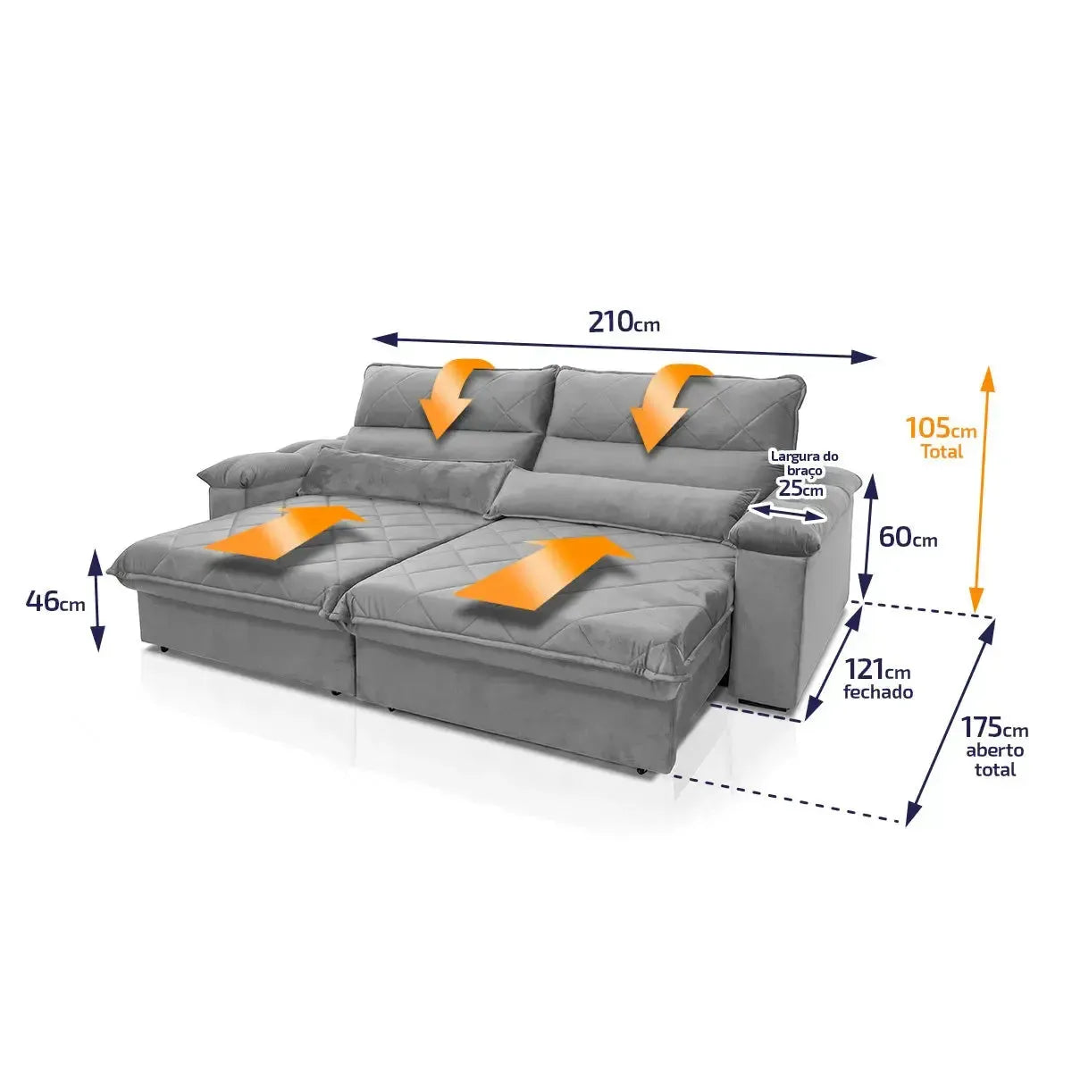 Sofá Retrátil Reclinável Grécia 2,10m Suede Velut Cinza Molas no Assento