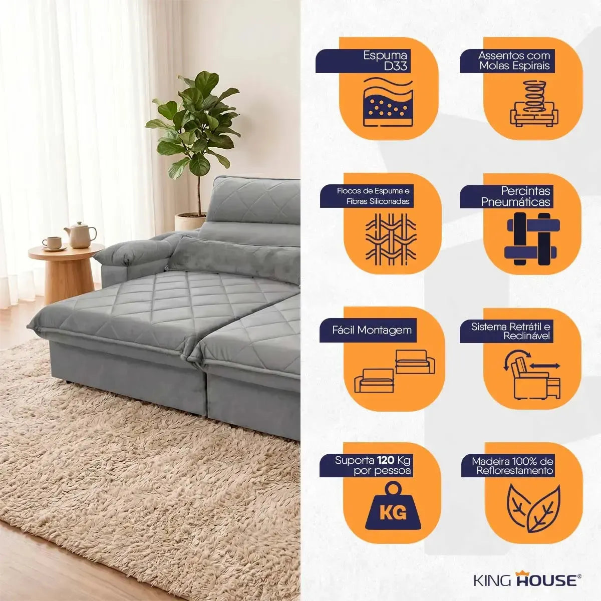 Sofá Retrátil Reclinável Grécia 2,10m Suede Velut Cinza Molas no Assento