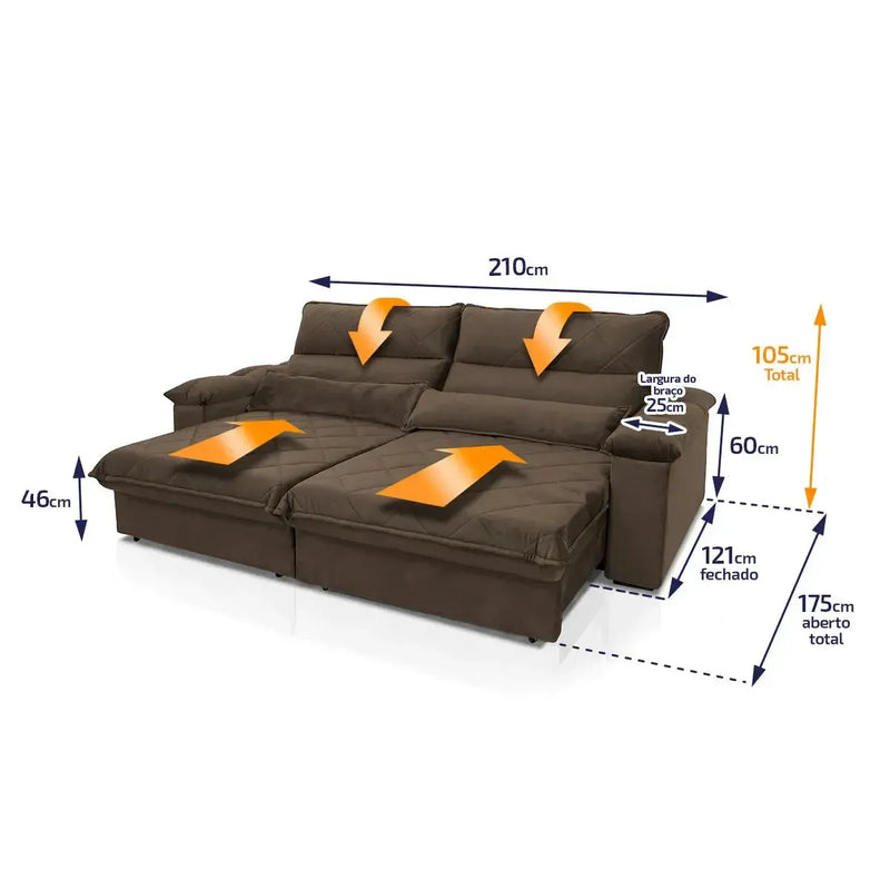 Sofá Retrátil Reclinável Grécia 2,10m Suede Velut Marrom Molas no Assento