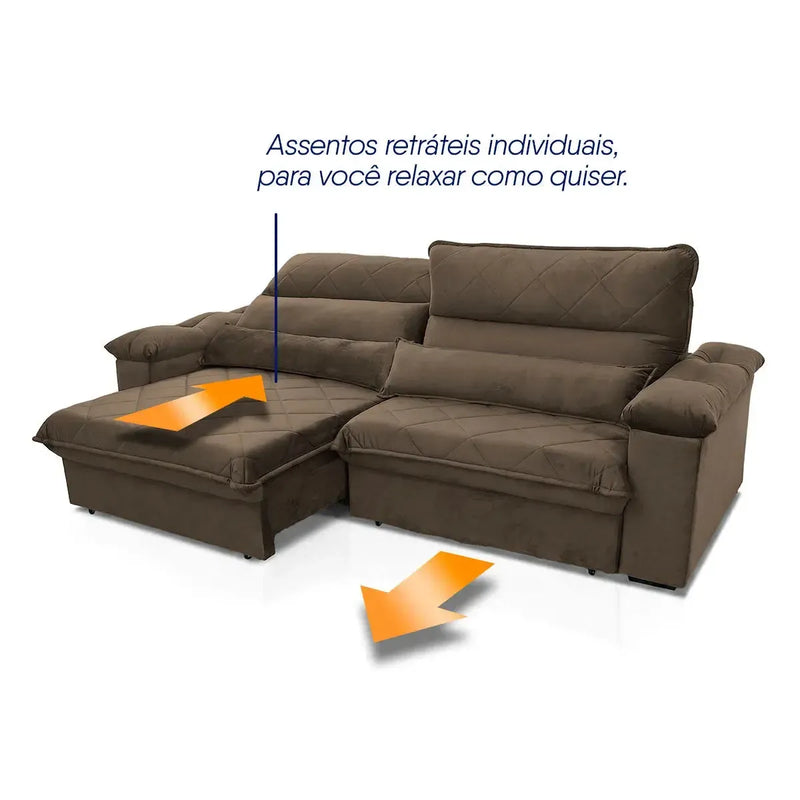 Sofá Retrátil Reclinável Grécia 2,10m Suede Velut Marrom Molas no Assento