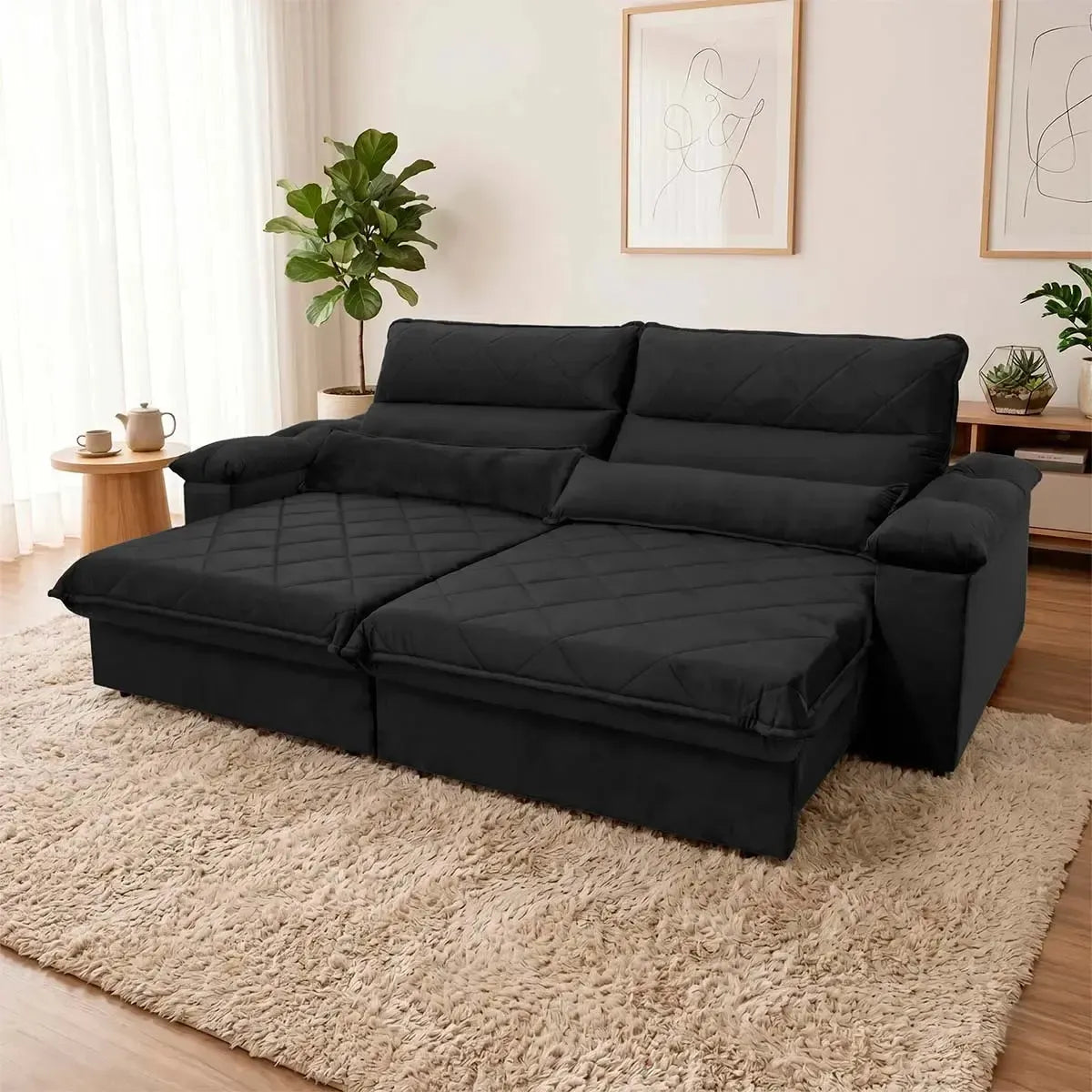 Sofá Retrátil Reclinável Grécia 2,10m Suede Velut Preto Molas no Assento