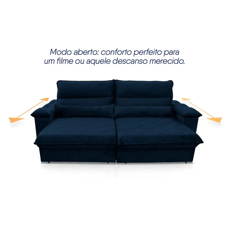 Sofá Retrátil Reclinável Grécia 2,30m Suede Velut Azul Marinho Molas no Assento