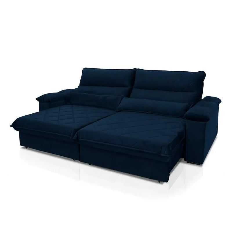 Sofá Retrátil Reclinável Grécia 2,30m Suede Velut Azul Marinho Molas no Assento