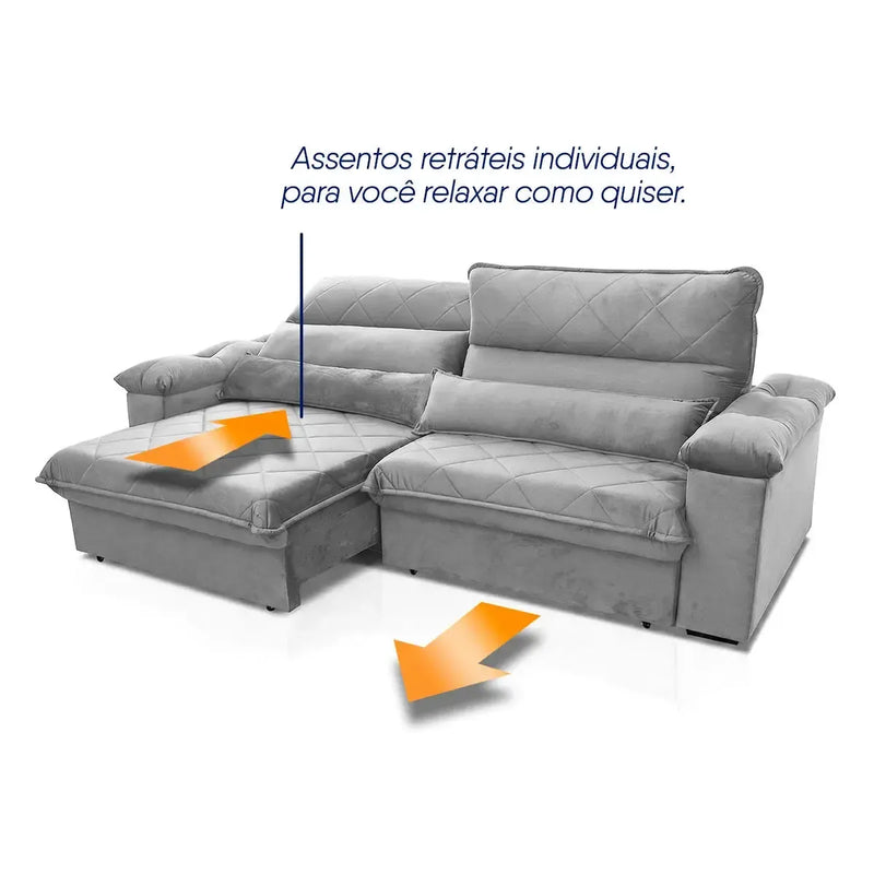 Sofá Retrátil Reclinável Grécia 2,30m Suede Velut Cinza Molas no Assento