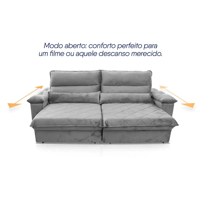 Sofá Retrátil Reclinável Grécia 2,30m Suede Velut Cinza Molas no Assento