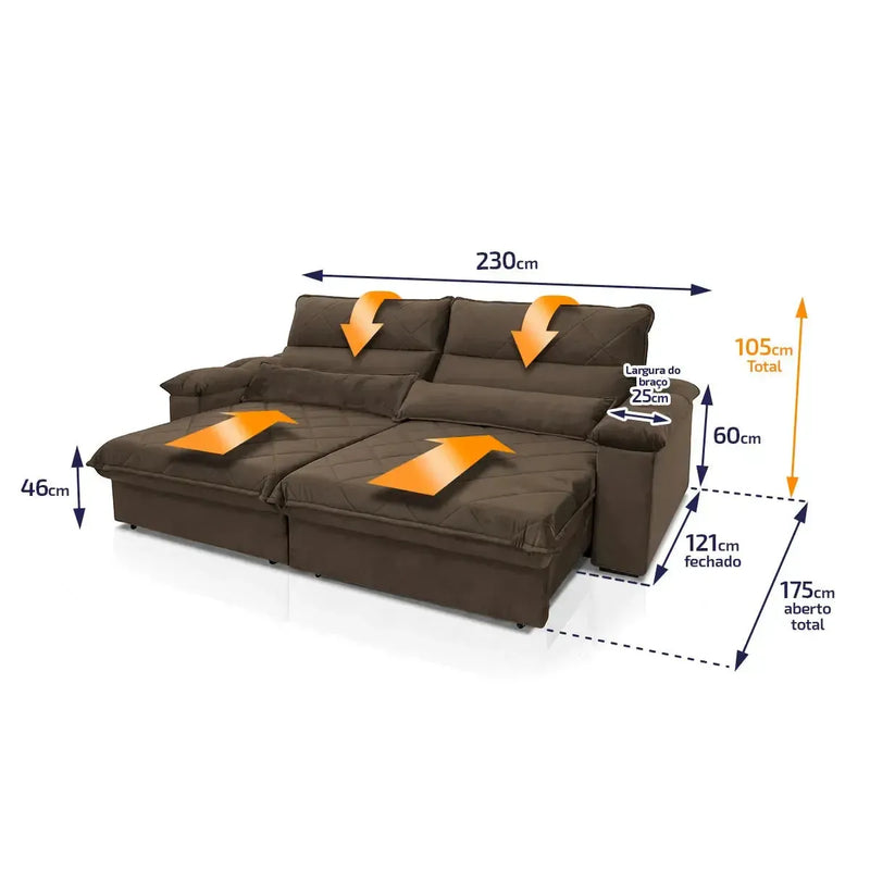 Sofá Retrátil Reclinável Grécia 2,30m Suede Velut Marrom Molas no Assento