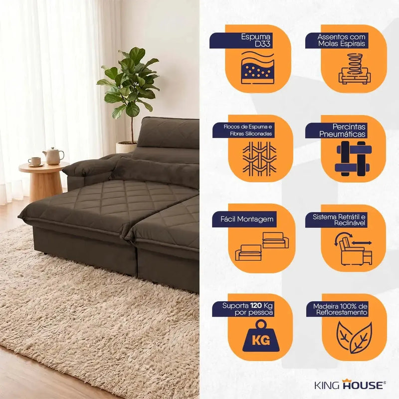 Sofá Retrátil Reclinável Grécia 2,30m Suede Velut Marrom Molas no Assento