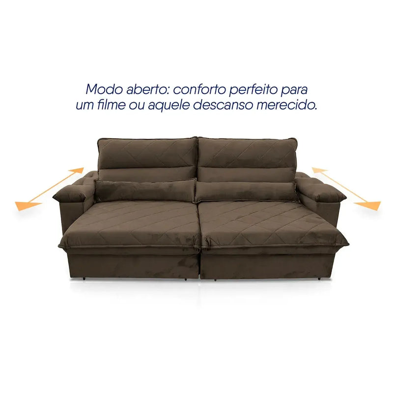Sofá Retrátil Reclinável Grécia 2,30m Suede Velut Marrom Molas no Assento