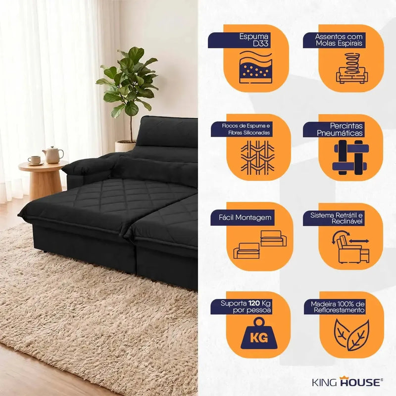 Sofá Retrátil Reclinável Grécia 2,30m Suede Velut Preto Molas no Assento