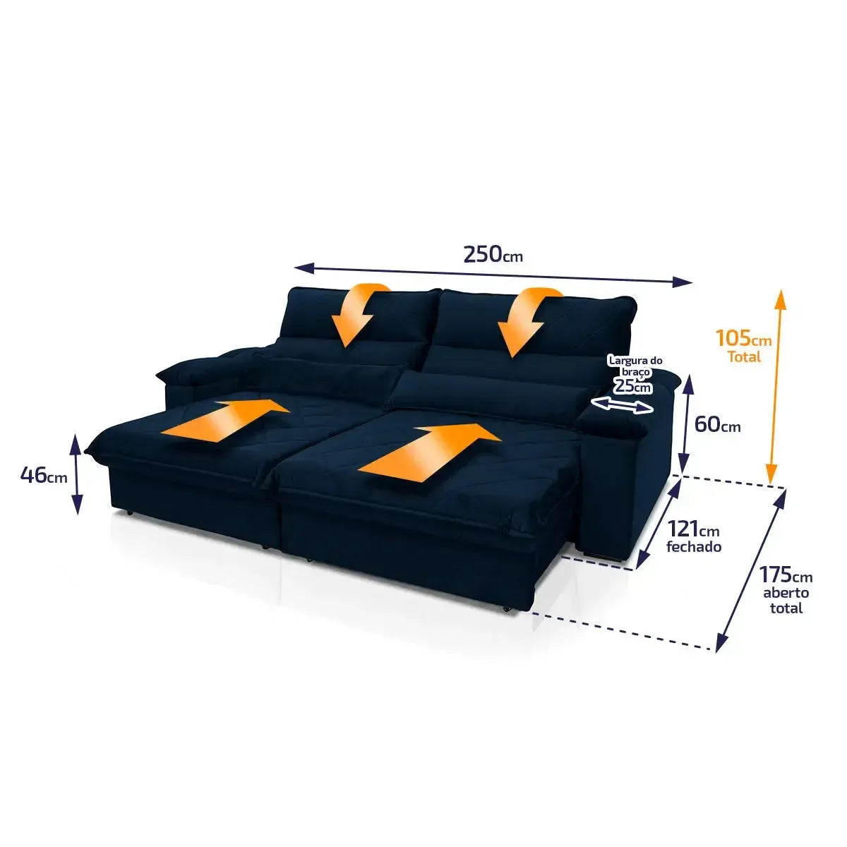Sofá Retrátil Reclinável Grécia 2,50m Suede Velut Azul Marinho Molas no Assento