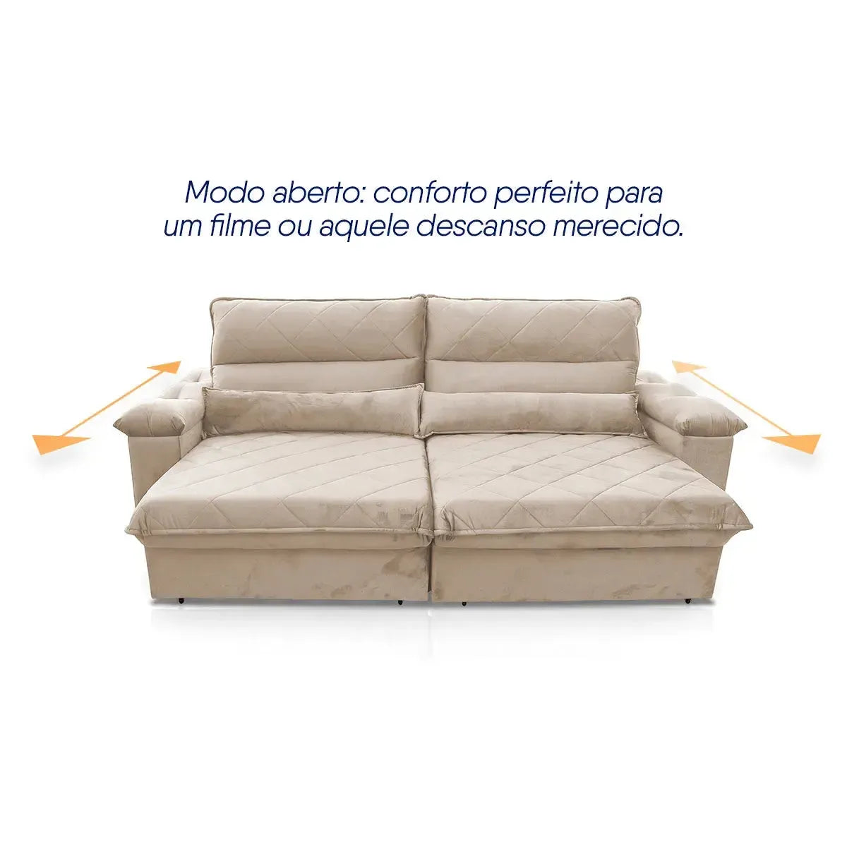Sofá Retrátil Reclinável Grécia 2,50m Suede Velut Bege Molas no Assento