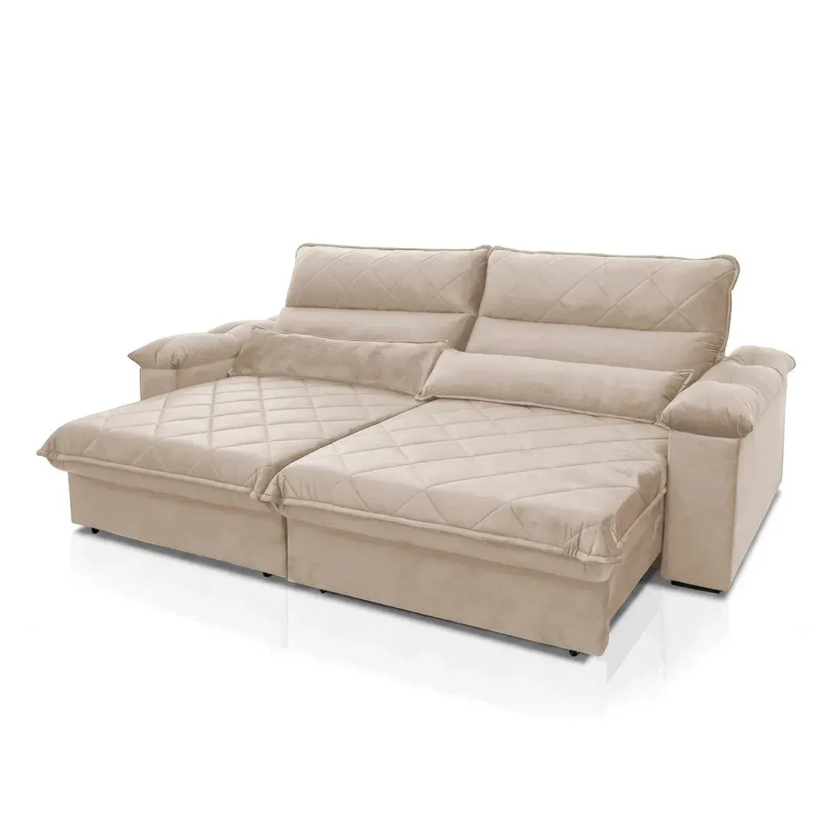 Sofá Retrátil Reclinável Grécia 2,50m Suede Velut Bege Molas no Assento