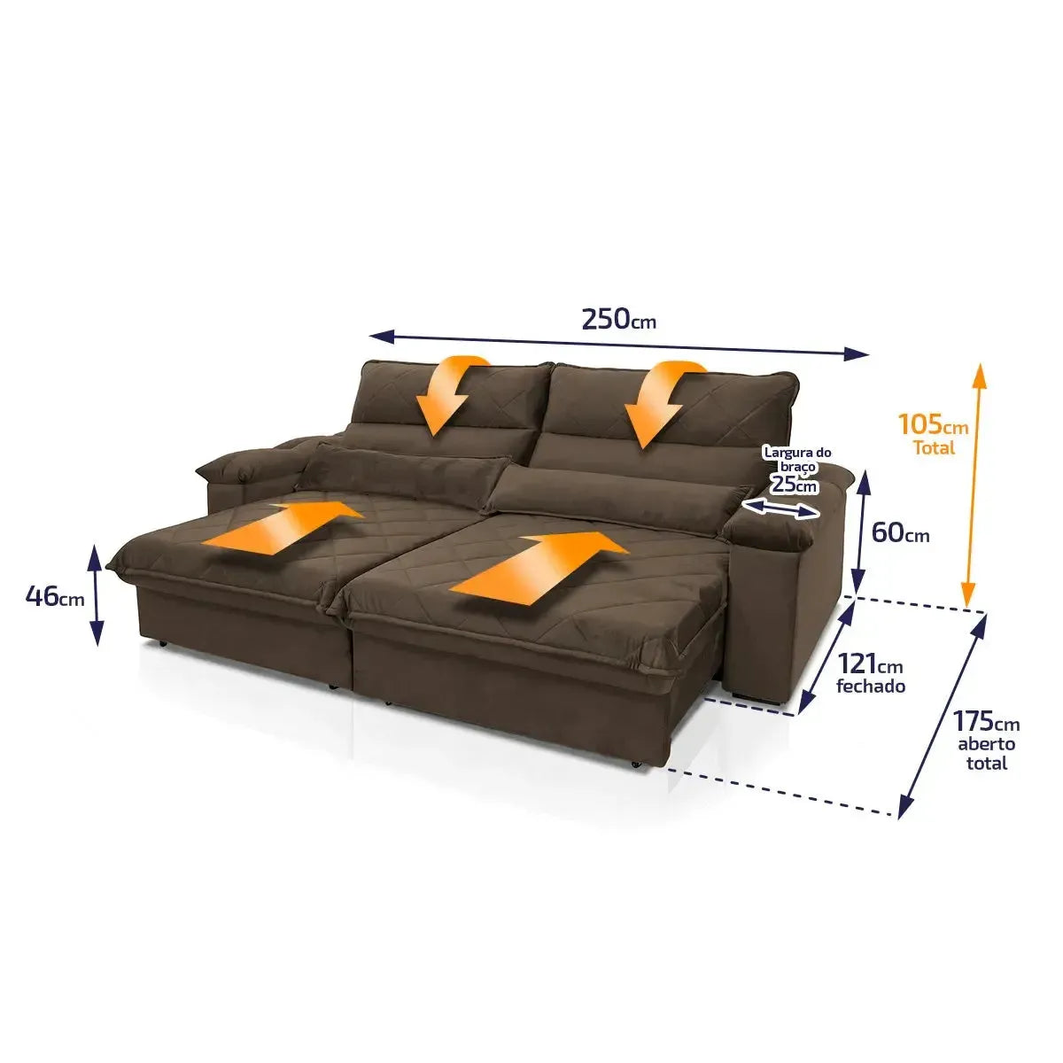 Sofá Retrátil Reclinável Grécia 2,50m Suede Velut Marrom Molas no Assento