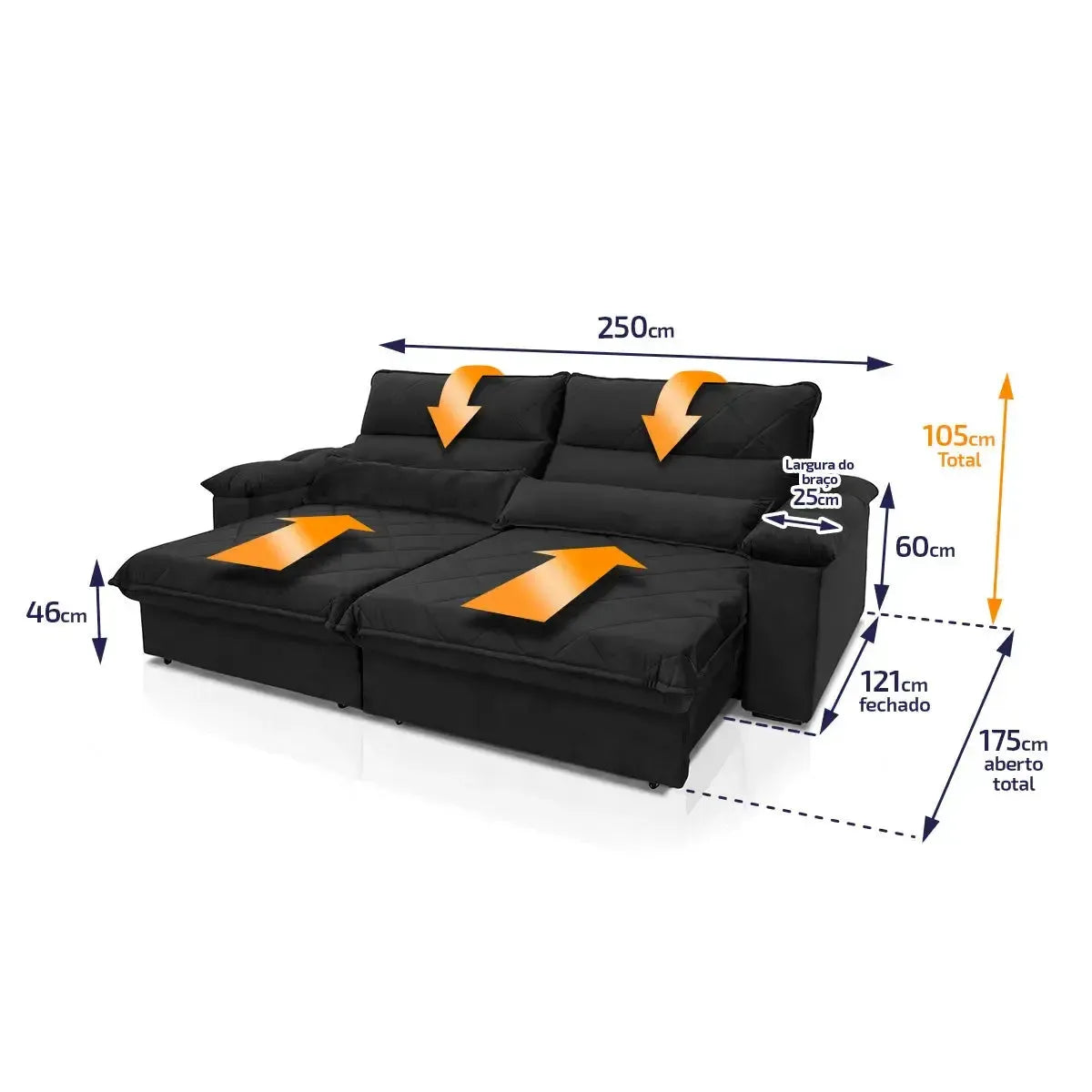 Sofá Retrátil Reclinável Grécia 2,50m Suede Velut Preto Molas no Assento