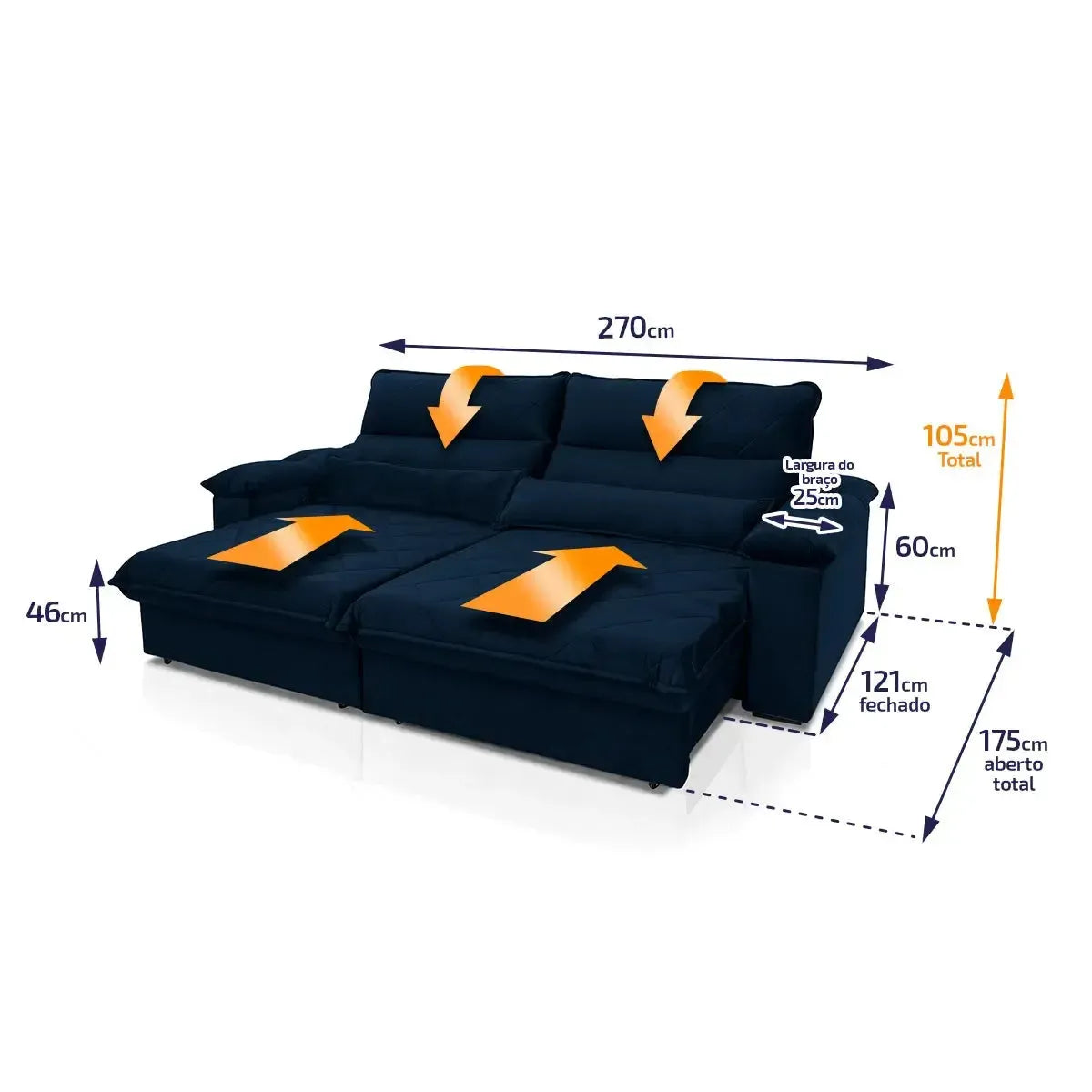 Sofá Retrátil Reclinável Grécia 2,70m Suede Velut Azul Marinho Molas no Assento