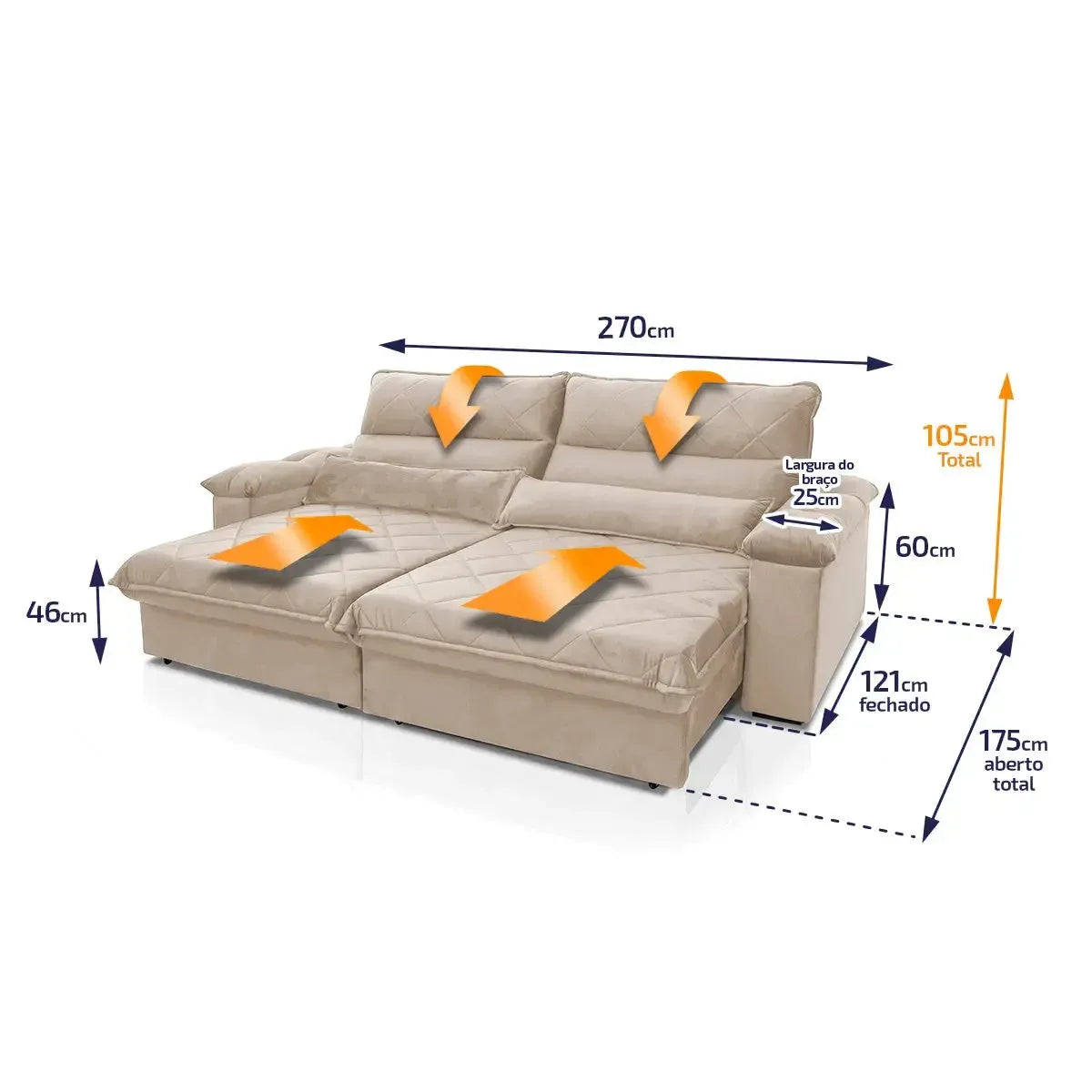Sofá Retrátil Reclinável Grécia 2,70m Suede Velut Bege Molas no Assento