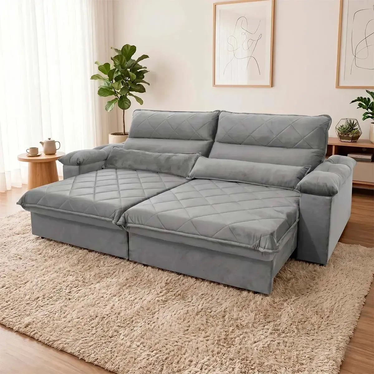 Sofá Retrátil Reclinável Grécia 2,70m Suede Velut Cinza Molas no Assento