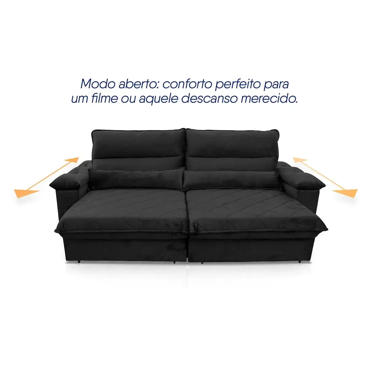 Sofá Retrátil Reclinável Grécia 2,70m Suede Velut Preto Molas no Assento