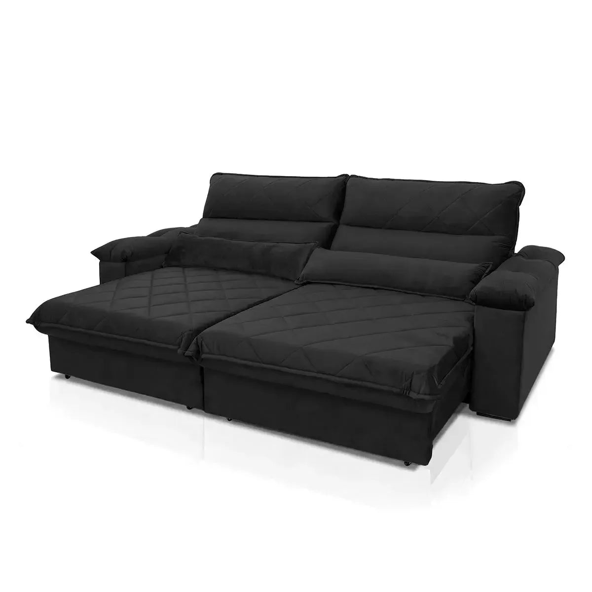 Sofá Retrátil Reclinável Grécia 2,70m Suede Velut Preto Molas no Assento