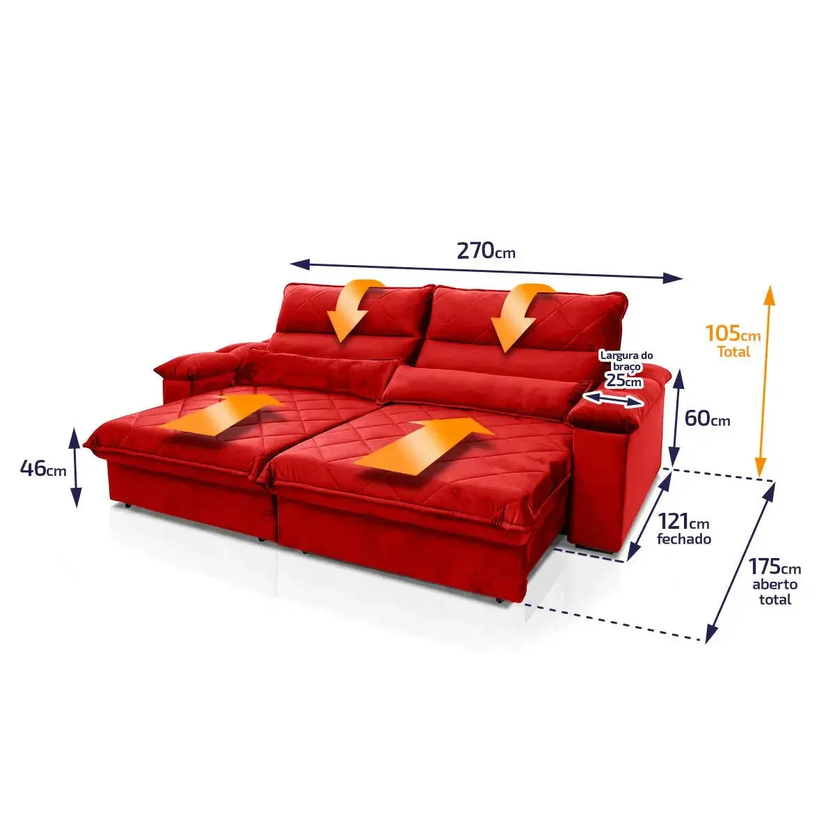 Sofá Retrátil Reclinável Grécia 2,70m Suede Velut Vermelho Molas no Assento
