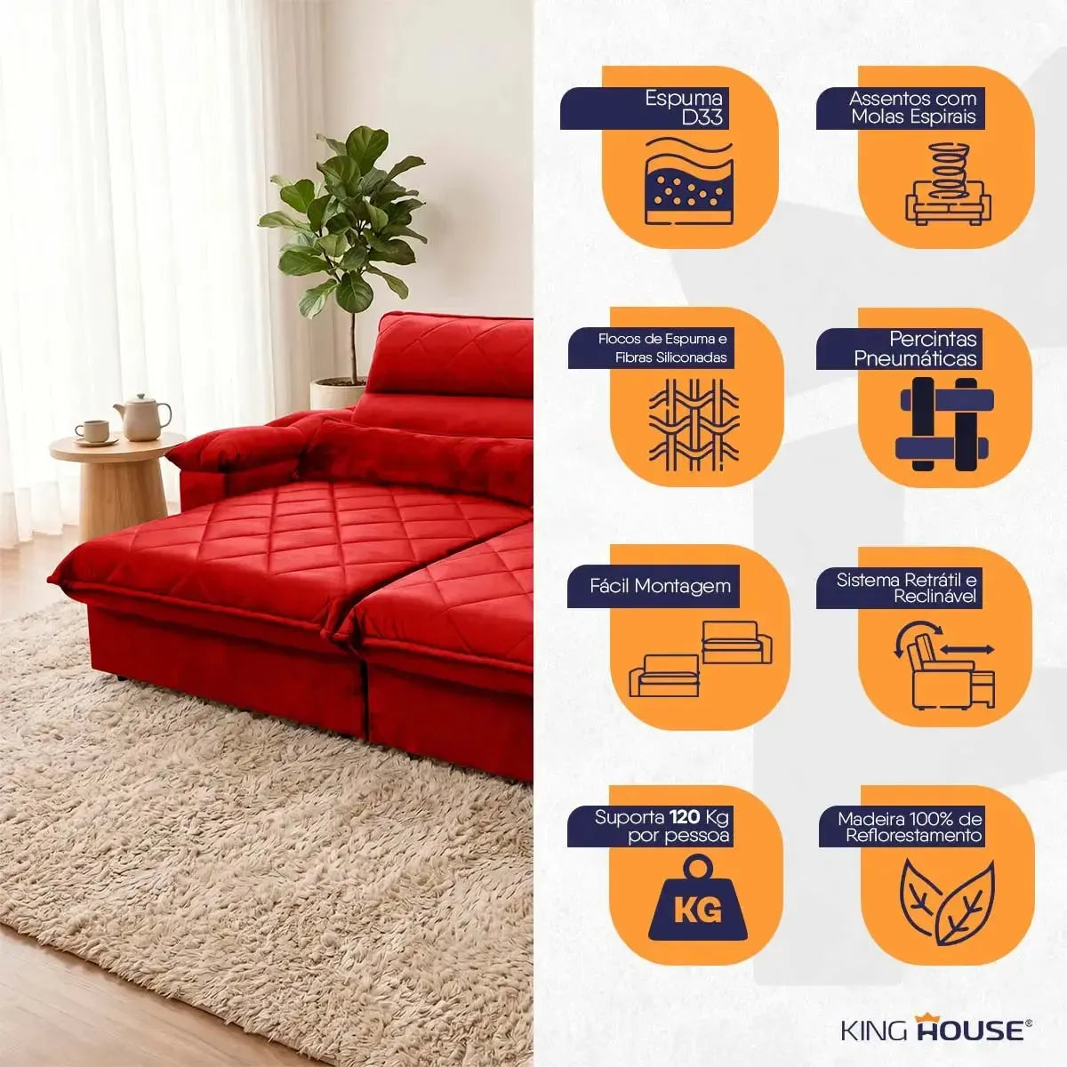 Sofá Retrátil Reclinável Grécia 2,70m Suede Velut Vermelho Molas no Assento