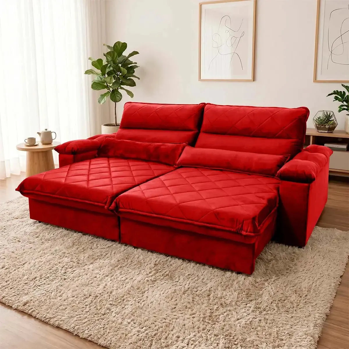 Sofá Retrátil Reclinável Grécia 2,70m Suede Velut Vermelho Molas no Assento