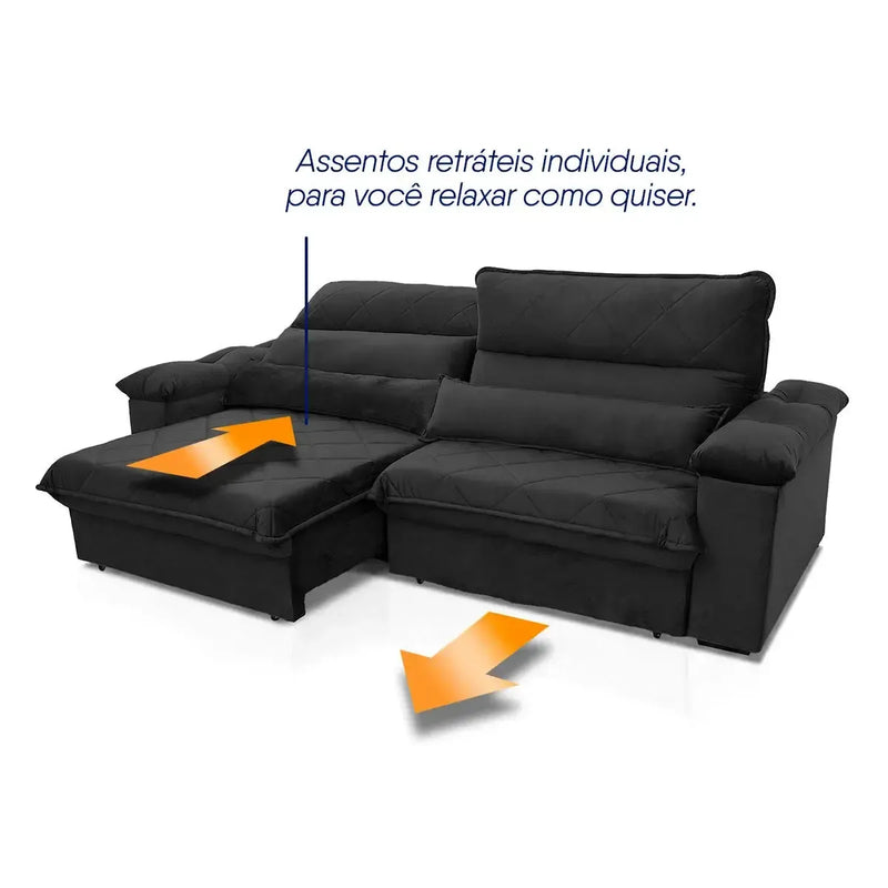 Sofá Retrátil Reclinável Grécia 3,00m Suede Velut Preto Molas no Assento