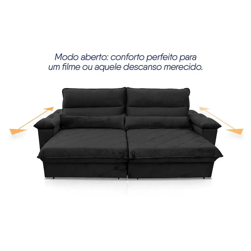 Sofá Retrátil Reclinável Grécia 3,00m Suede Velut Preto Molas no Assento