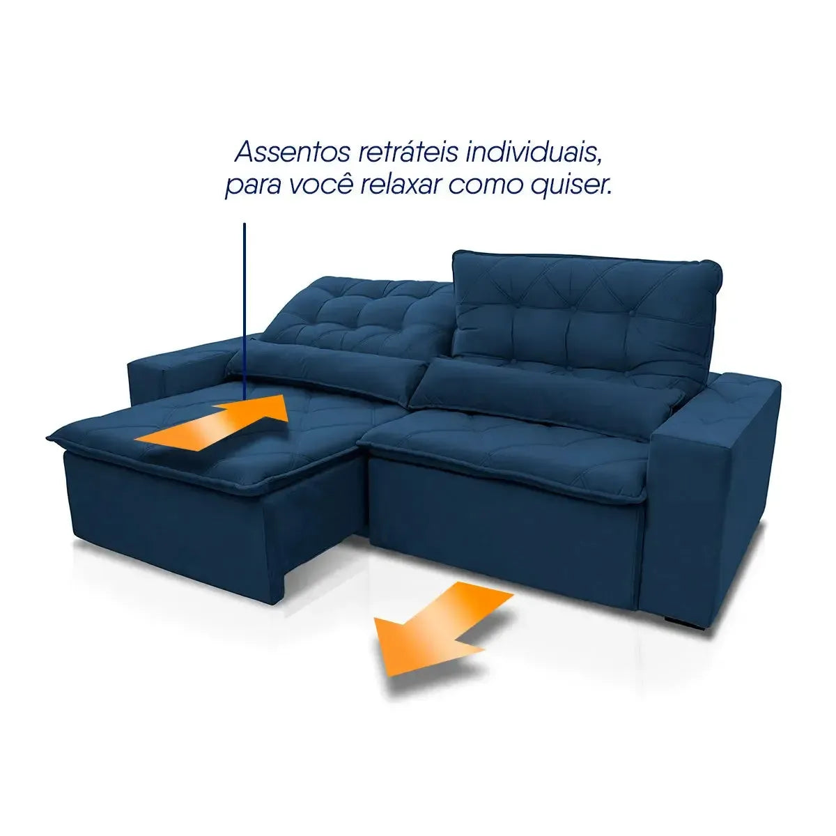Sofá retrátil reclinável Islândia 2,10m em suede velut azul marinho com assentos individuais.