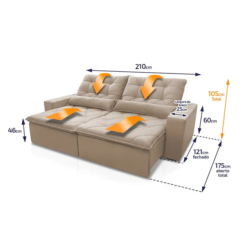 Sofá retrátil reclinável Islândia 2,10m em suede velut bege com molas no assento e dimensões detalhadas.