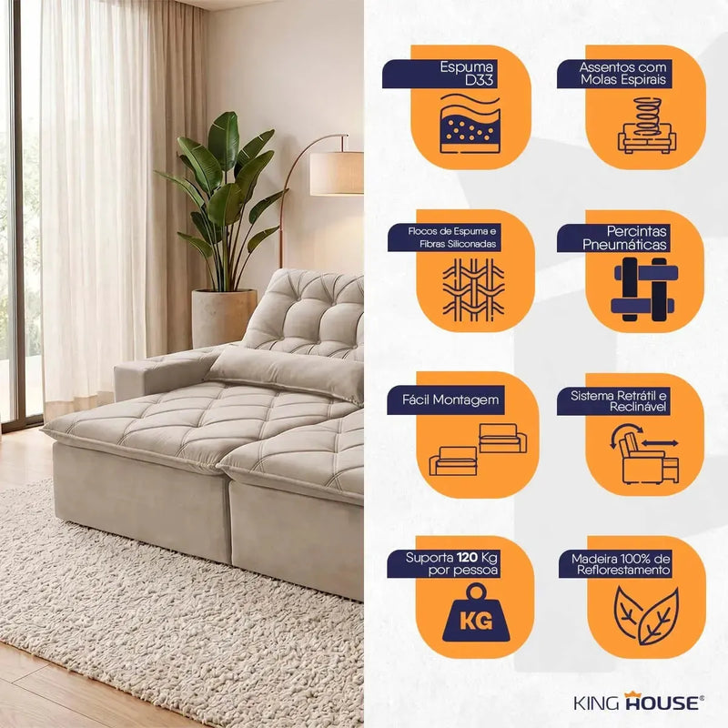 Sofá retrátil reclinável Islândia bege em suede velut, com molas no assento e design moderno.