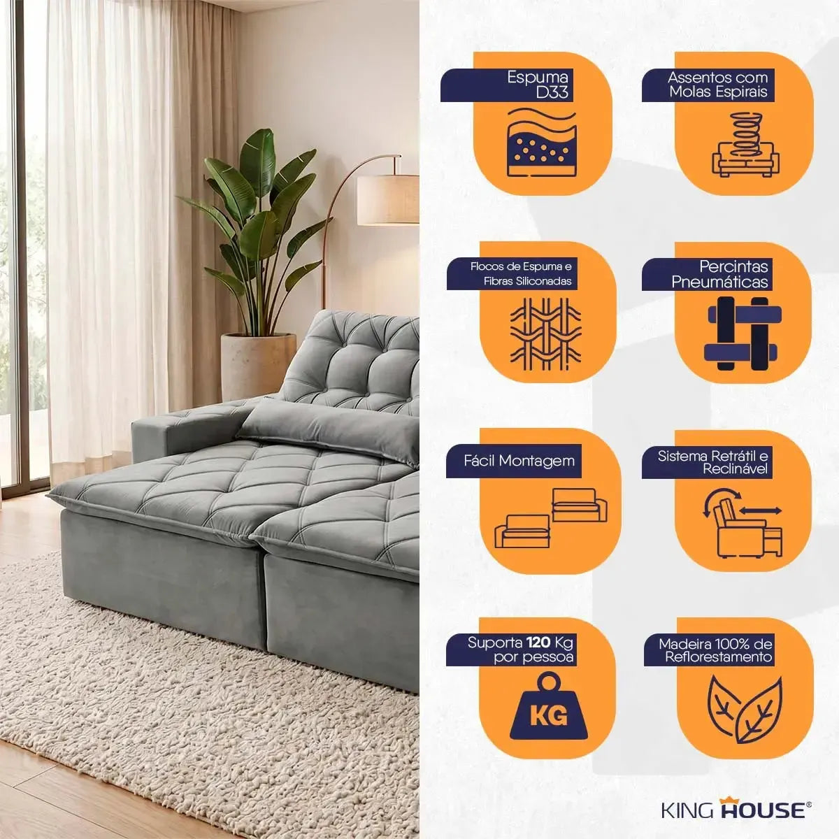 Sofá retrátil reclinável Islândia 2,10m em suede velut cinza com molas no assento e encosto.