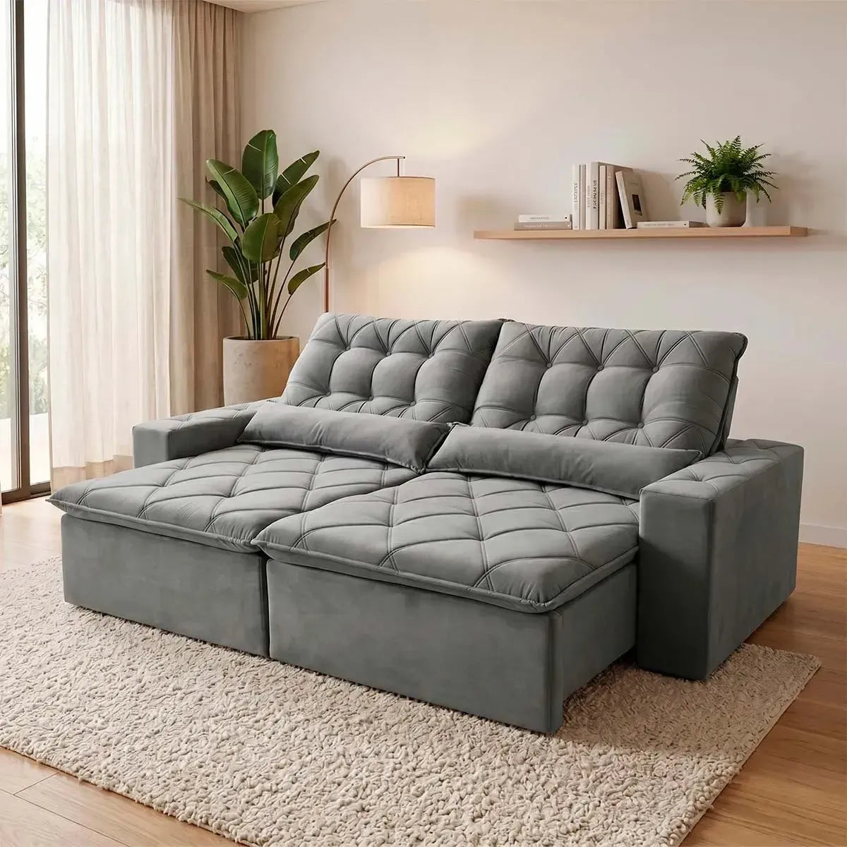 Sofá retrátil reclinável Islândia 2,10m em suede velut cinza com molas no assento.