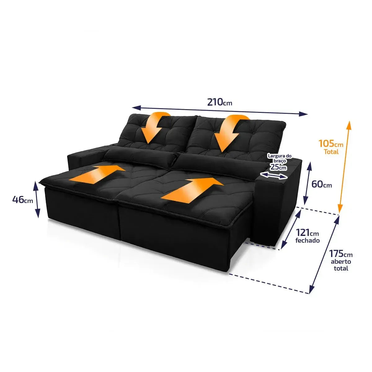 Sofá retrátil reclinável Islândia preto em suede velut, 2,10m, com assentos estendidos e dimensões.