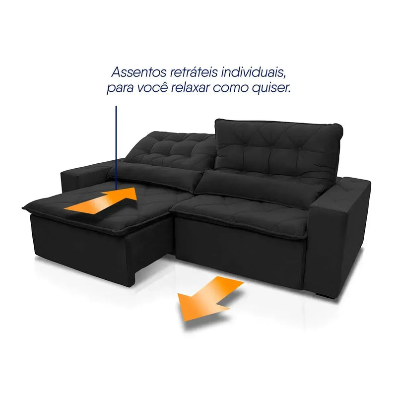Sofá retrátil reclinável Islândia preto em suede velut com assentos individuais.