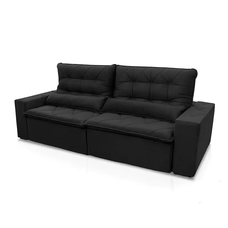 Sofá Retrátil Reclinável Islândia 2,10m em Suede Velut Preto com molas no assento.