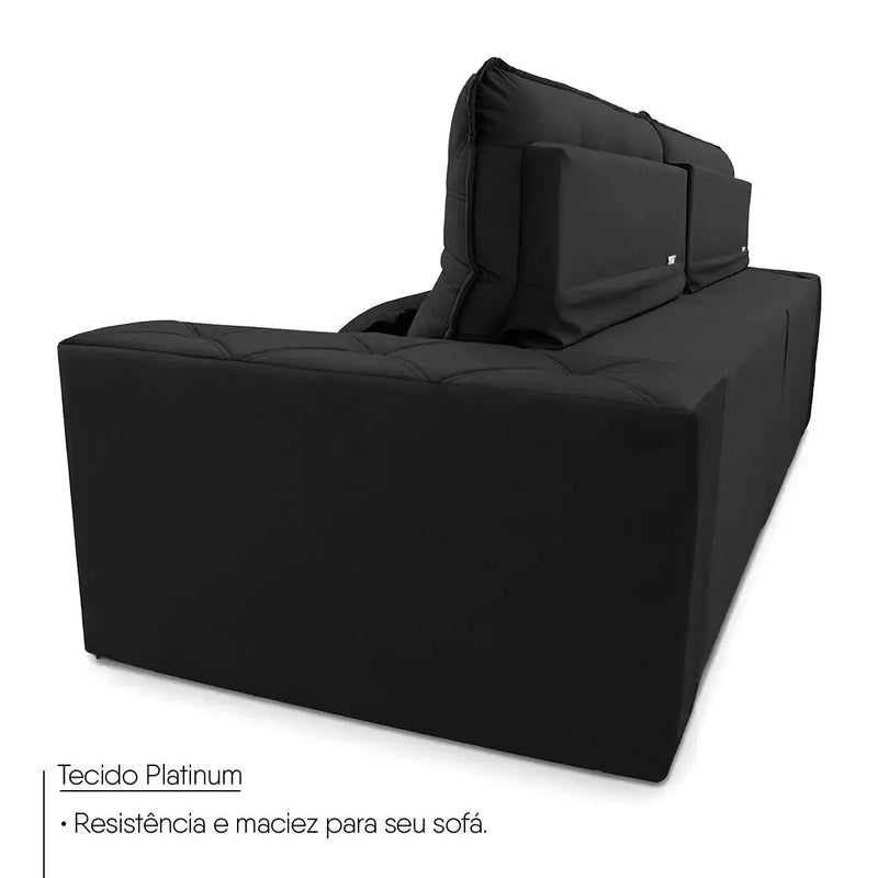 Sofá retrátil reclinável Islândia preto em suede velut com molas no assento.