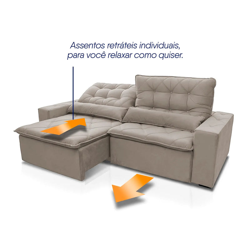 Sofá Retrátil Reclinável Islândia 2,10m Suede Velut Tabaco Molas no Assento