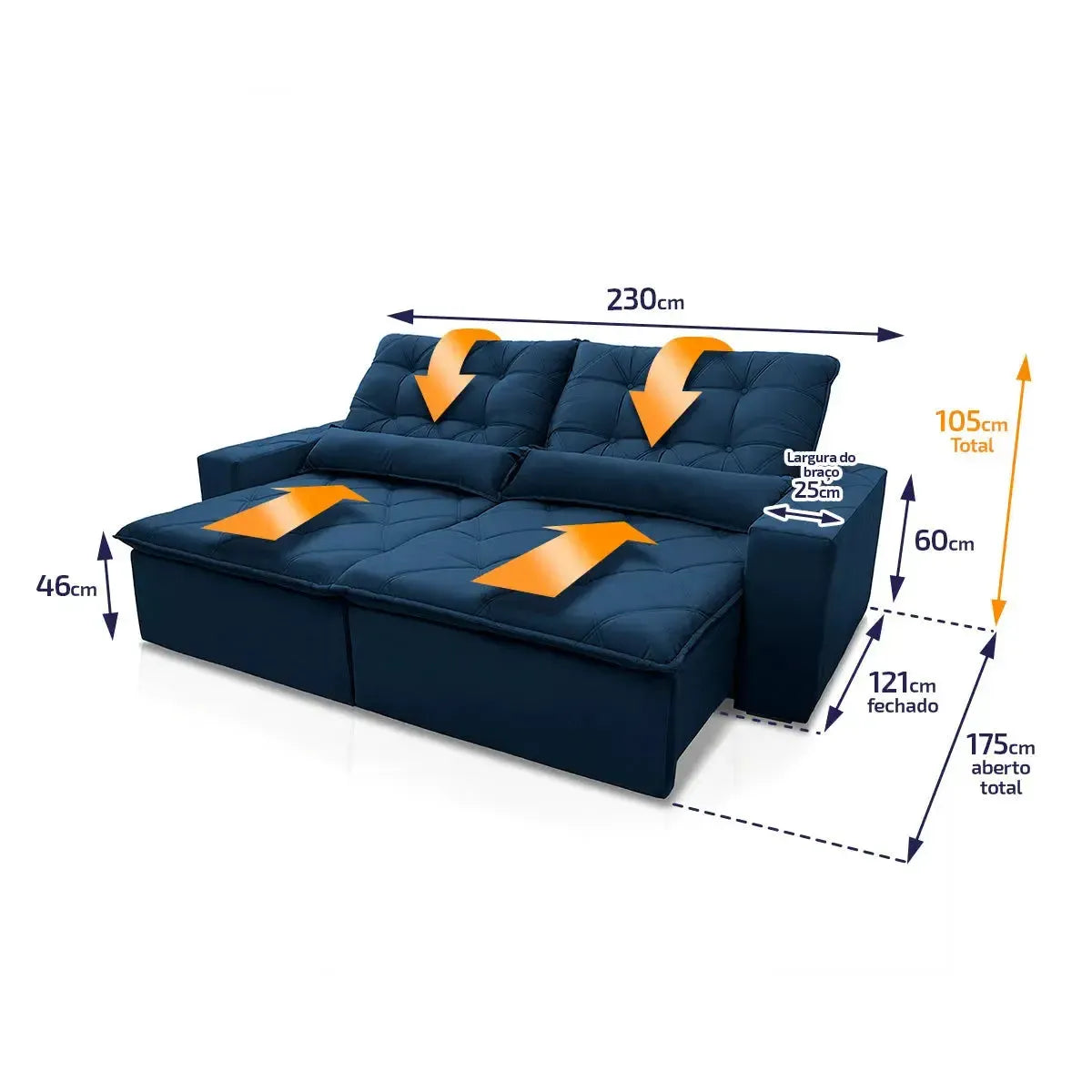 Sofá retrátil reclinável Islândia 2,30m em suede velut azul marinho com molas no assento e dimensões.