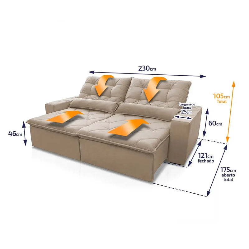 Sofá retrátil reclinável Islândia 2,30m em suede velut bege, com molas no assento e dimensões detalhadas.