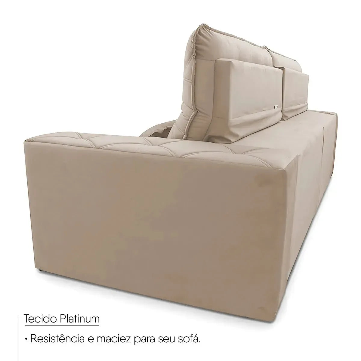Sofá retrátil reclinável Islândia 2,30m em suede velut bege, com molas no assento e encosto ajustável.