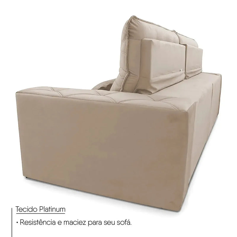 Sofá retrátil reclinável Islândia 2,30m em suede velut bege, com molas no assento e encosto ajustável.