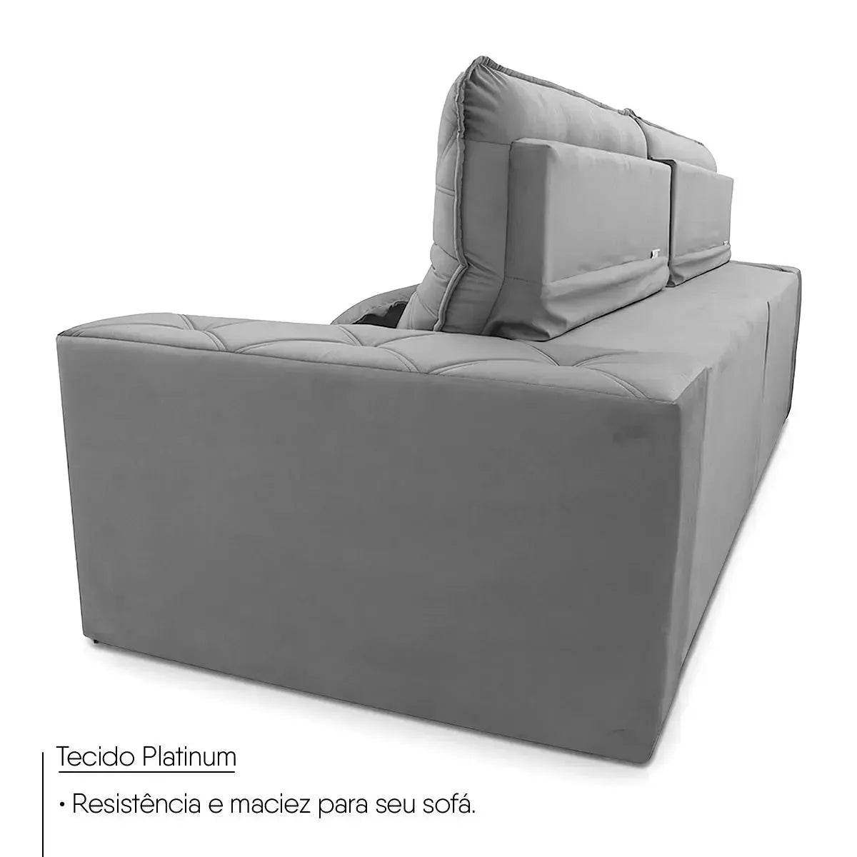Sofá retrátil reclinável Islândia 2,30m em suede velut cinza, com molas no assento e design moderno.