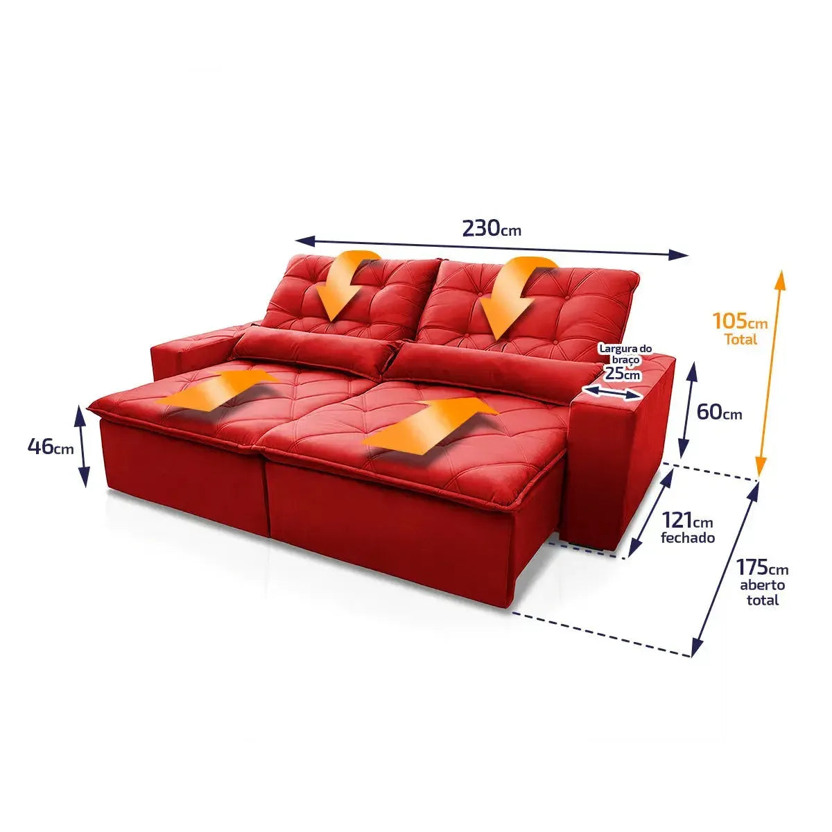 Sofá retrátil reclinável Islândia vermelho suede velut 2,30m com molas no assento e dimensões.